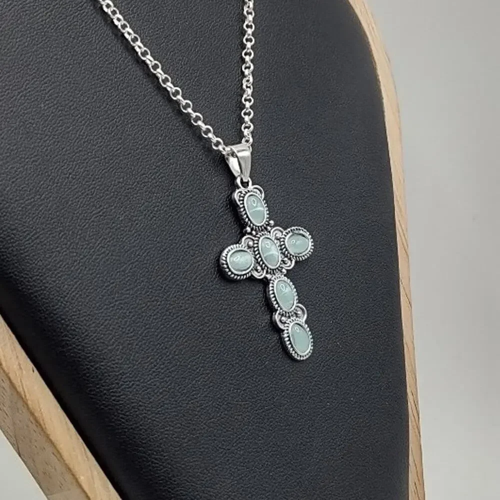 925 Silver Necklace W/ Turquois Cross BOHO Vintage Western Fashion Birthday Gift